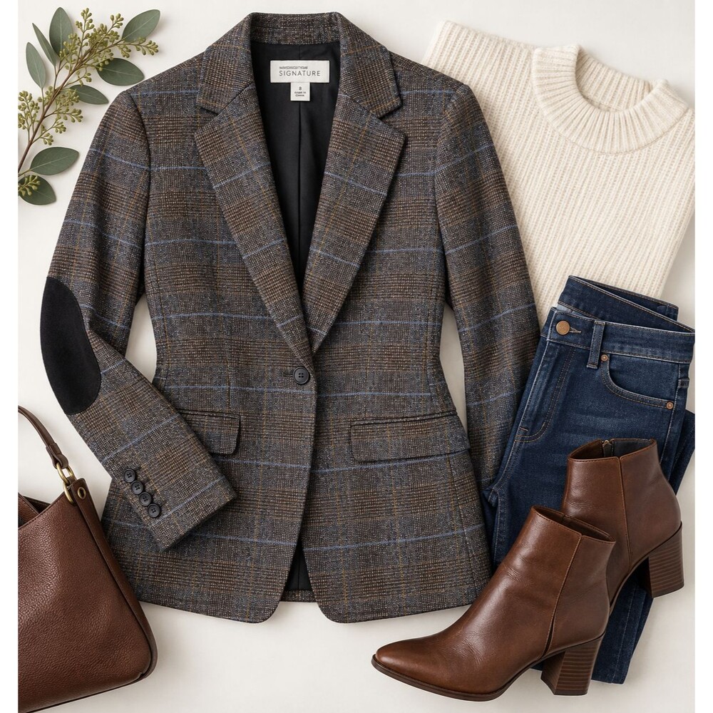 Nordstrom Signature Plaid Blazer Women’s Size 8 Brown Blue Windowpane 96% Wool